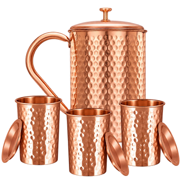Młotkowany zestaw naczyń miedzianych – dzbanek i 3 kubki z pokrywkami - Product Image