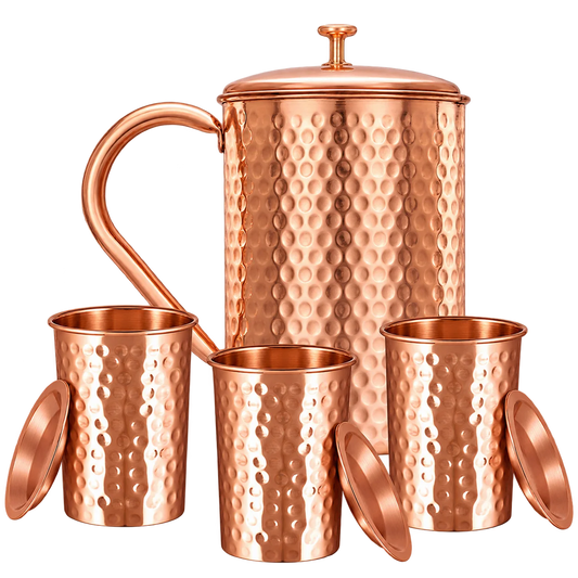 Młotkowany zestaw naczyń miedzianych – dzbanek i 3 kubki z pokrywkami - Product Image