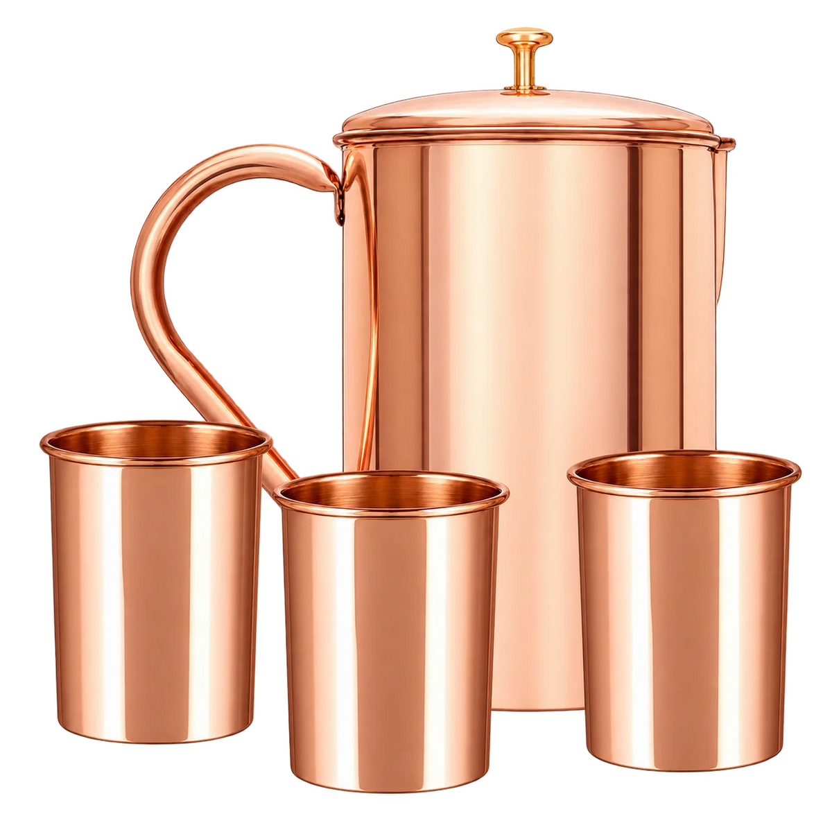 Zestaw miedziany gładki – dzbanek i 3 kubki z pokrywkami - Product Image