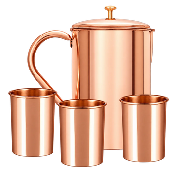 Zestaw miedziany gładki – dzbanek i 3 kubki z pokrywkami - Product Image