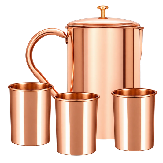 Zestaw miedziany gładki – dzbanek i 3 kubki z pokrywkami - Product Image