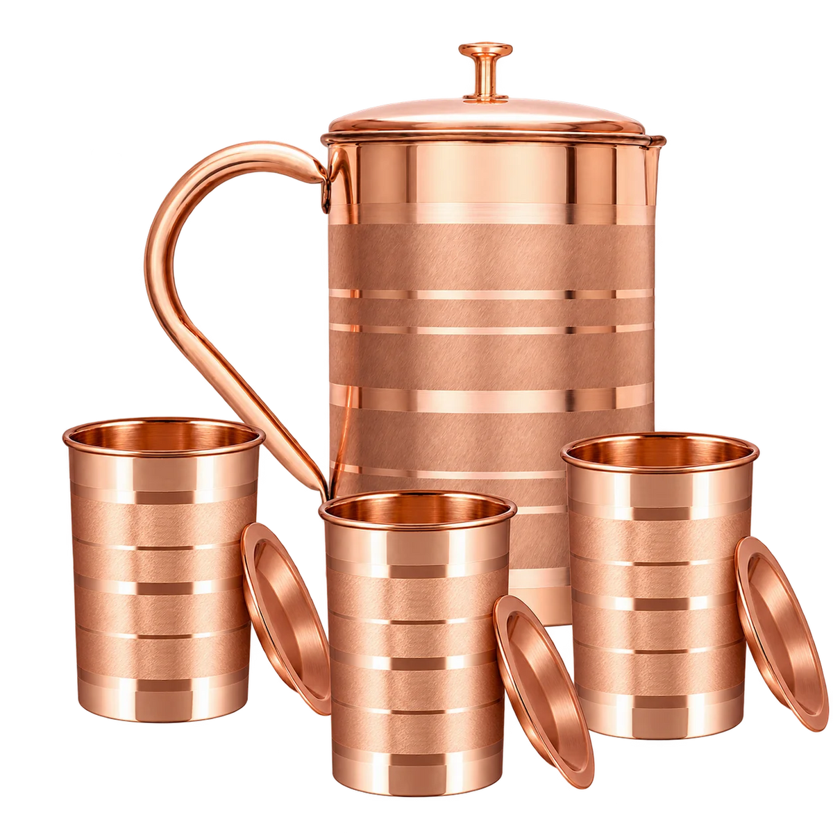 Zestaw miedzianych naczyń w paski – dzbanek i 3 kubki z pokrywkami - Product Image