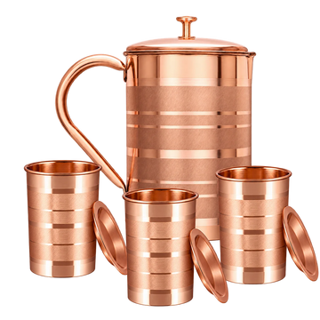 Zestaw miedzianych naczyń w paski – dzbanek i 3 kubki z pokrywkami - Product Image